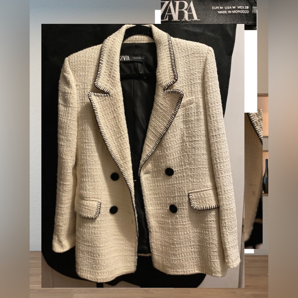 Zara Textured Cream Blazer with Black Details - Picture 5 of 8